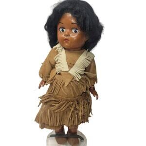 8" Old Vintage Native American Doll with Fringed Leather Clothes & Shoes